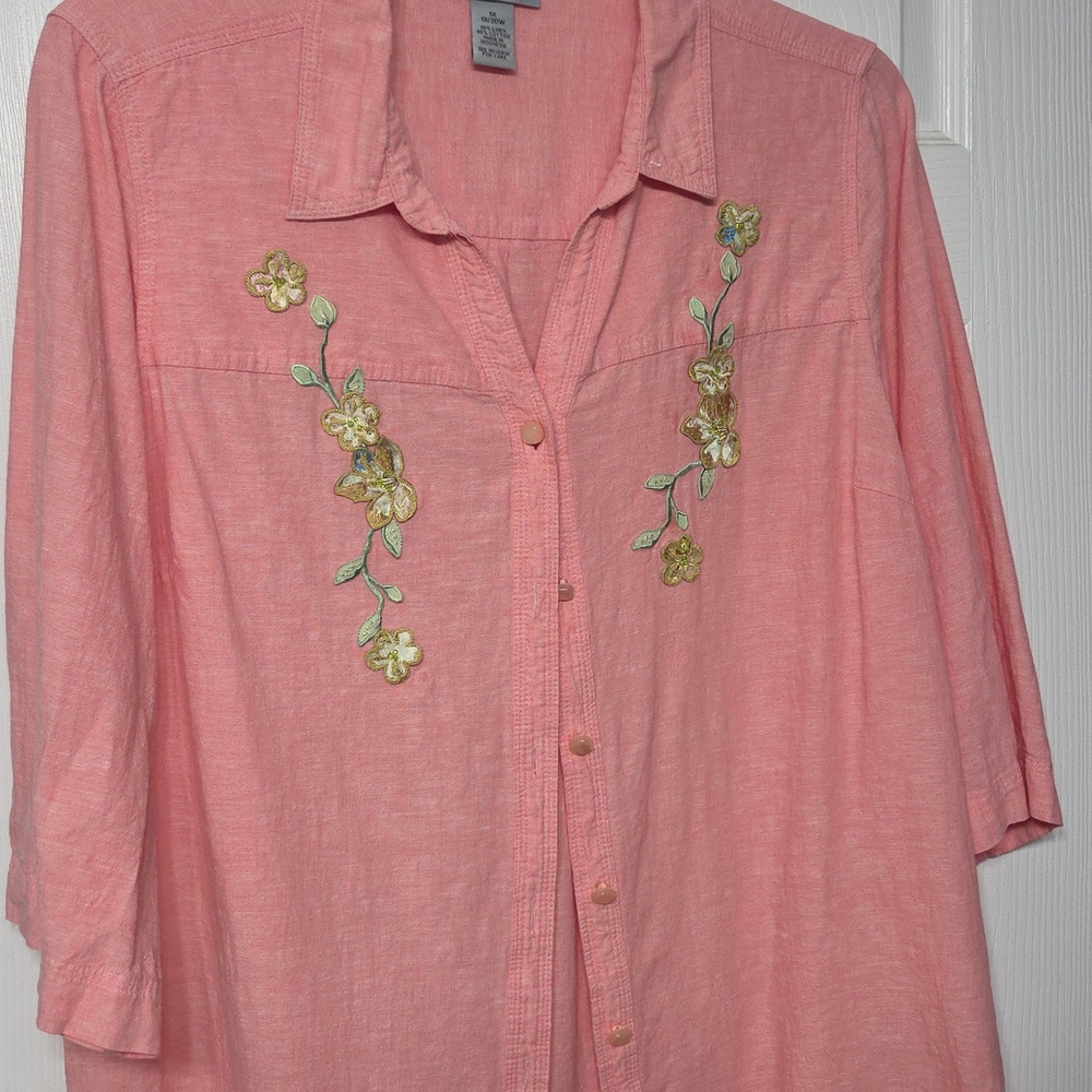 Catherine’s Blush Peach  Linen Floral Embroidered Peasant Blouse Plus Size 18/20
